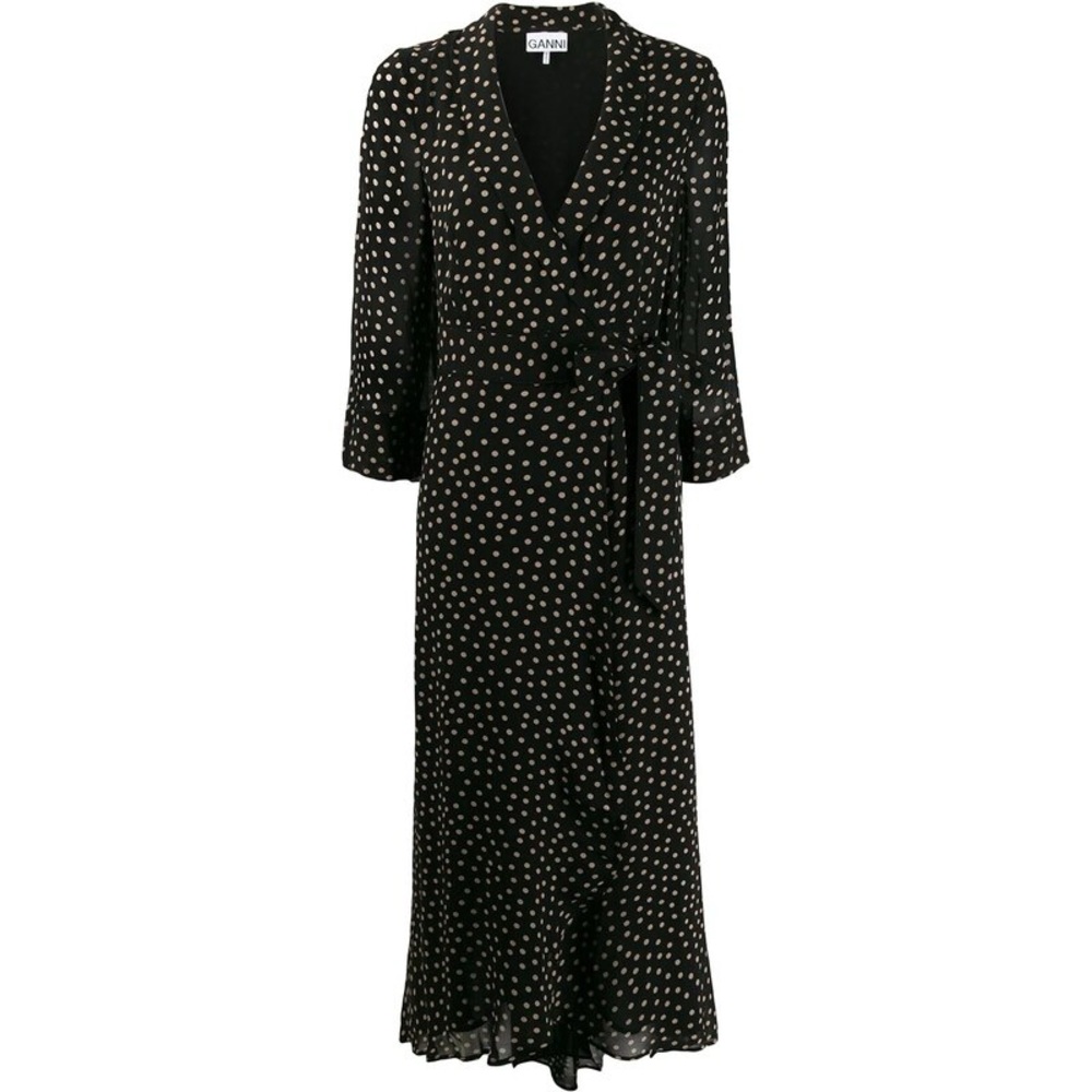 Ganni Black and White Wrap Dress with V-Neck